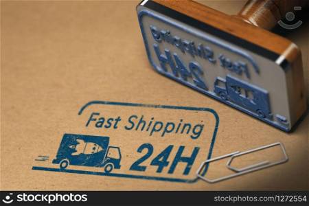 Rubber stamp and carton box with focus on fast shipping text stamped on the cardboard, 3D illustration. Fast Shipping, Twenty Four hours or One Day