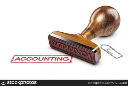 Rubber stamp and paperclip on a white background with the text accounting. Company accounting service. 3D illustration. Accountant, Word Accounting Over White Background