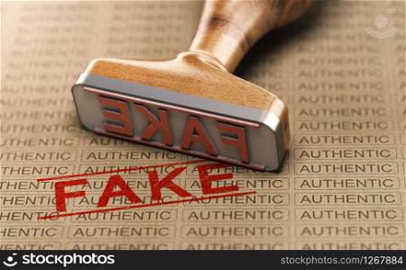 Rubber stamp and word fake printed on a paper background with the repeated text authentic. Concept of counterfeit or plagiarism. 3D illustration.. Authentic vs Fake Poduct. Counterfeit Concept