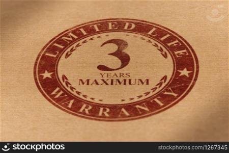 Rubber stamp mark over paper background with the following text, 3 years maximum limited life warranty. Planned obsolescence concept, product with short lifetime. Planned Obsolescence Concept, Limited Life Warranty. Product With Short Lifetime