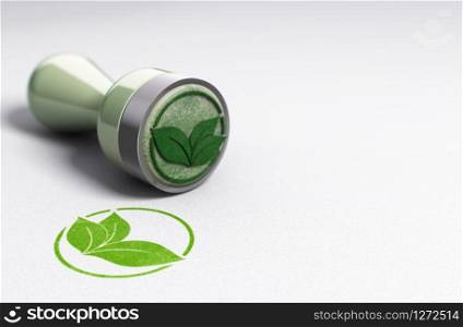 Rubber stamp over paper background with leaves symbol printed on it. Concept image for eco friendly communication.. Eco Friendly Background