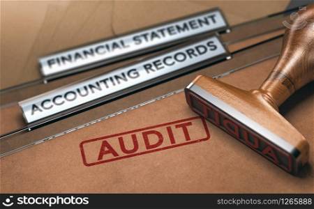 Rubber stamp over two folders with the text financial statements, accounting records and the word audit. Concept of financial auditing. 3D illustration.. Financial Auditing. Examining Company Accounting Records.
