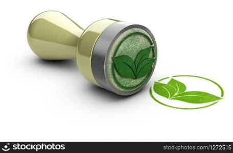 Rubber stamp over white background with leaves symbol printed on it. Concept image for eco friendly communication.. Ecology background