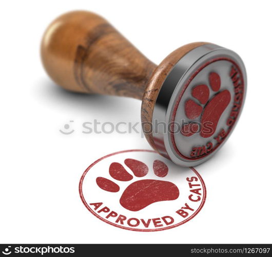 Rubber stamp with the text approved by cats over white background. 3D illustration. Concept of pets grooming or training satisfaction. Pet Services Approved By Cats.