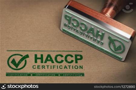 Rubber stamp with the text HACCP certification stamped over cardboard background. 3D illustration.. HACCP Hazard Analysis of Critical Control Points