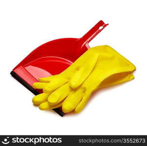 Rubber yellow gloves and red dustpan isolated on white background