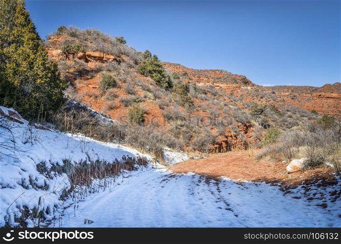Ruby Wash - canyon trail in winter scenery, Red Mountain Open Space in northern Colorado