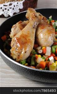 Ruddy chicken drumsticks stewed with vegetables in a pan