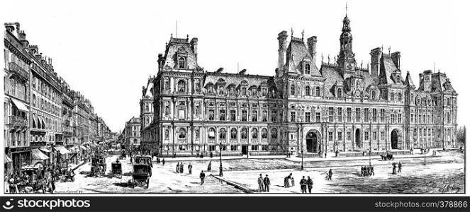 Rue de Rivoli and City Hall, vintage engraved illustration. Paris - Auguste VITU ? 1890.