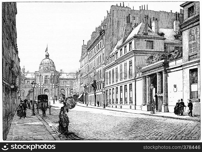 Rue de Tournon and facade of the Palace of the Senate, Barracks of the Republican Guard, vintage engraved illustration. Paris - Auguste VITU ? 1890.