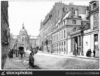 Rue de Tournon and facade of the Palace of the Senate, Barracks of the Republican Guard, vintage engraved illustration. Paris - Auguste VITU ? 1890.