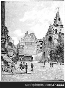 Rue Mouffetard and Saint-Medard church, vintage engraved illustration. Paris - Auguste VITU ? 1890.