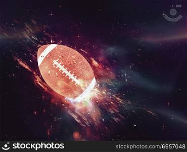 Rugby Ball Flies. Purple space background with rugby ball, explosion effect.