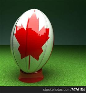 Rugby ball with Canada flag over green grass field, 3d render, square image