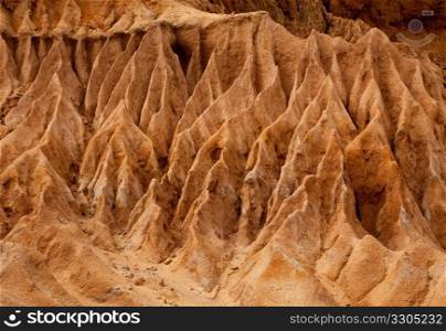 Rugged razor edged erosion in the sandstone on Torrey Pines hillside shown in close-up almost macro view