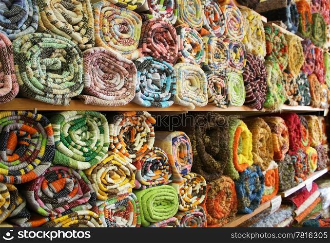 Rugs. Typical rugs on display in a shop in Nijar, Almeria, Spain.