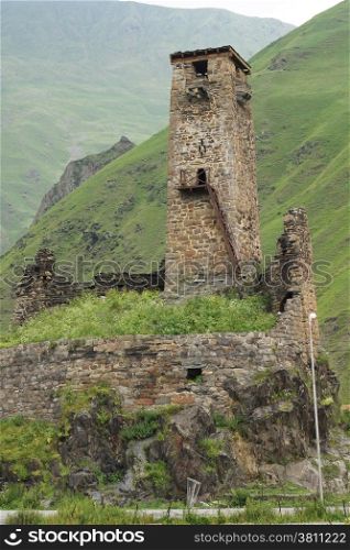 Ruin of an old castle, Georgian Military Road, Caucasus Mountains, Georgia, Europe