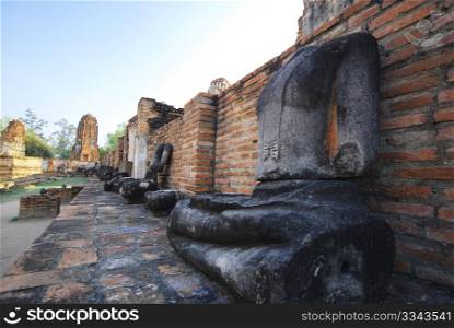 Ruin of Buddha statues in Ayutthaya historical park Thailand
