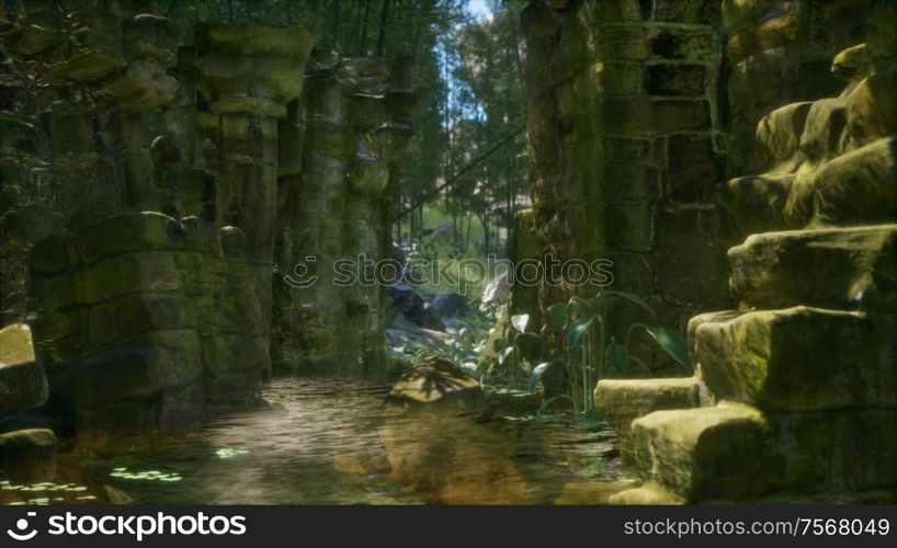 ruined ancient stone house with collapsed walls overgrown with plants and ferns in dense green forest. ruined ancient stone house overgrown with plants and ferns in dense green forest