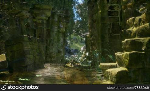 ruined ancient stone house with collapsed walls overgrown with plants and ferns in dense green forest. ruined ancient stone house overgrown with plants and ferns in dense green forest