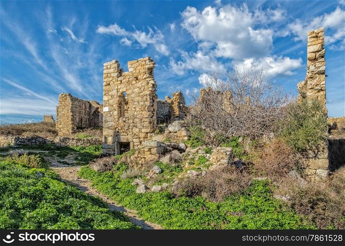 Ruined buildings in the abandoned village of Occi near Lumio n the Balagne region of Corsica