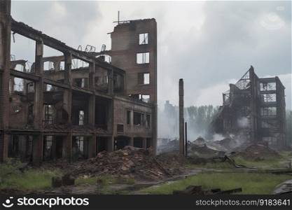 ruined factory with broken machinery, smoke still rising from the chimneys, created with generative ai. ruined factory with broken machinery, smoke still rising from the chimneys