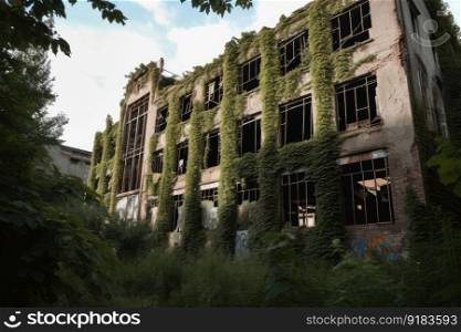ruined factory with broken windows and crumbling walls, surrounded by overgrown greenery, created with generative ai. ruined factory with broken windows and crumbling walls, surrounded by overgrown greenery