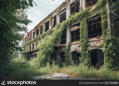 ruined factory with broken windows and crumbling walls, surrounded by overgrown greenery, created with generative ai. ruined factory with broken windows and crumbling walls, surrounded by overgrown greenery