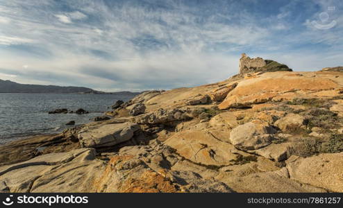 Ruined Genoese tower overlooking the mediterranean on rocks at Punta Caldanu near Lumio in Balagne region of Corsica