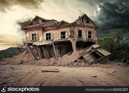 Ruined house after the earthquake. Neural network AI generated art. Ruined house after the earthquake. Neural network AI generated
