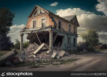 Ruined house after the earthquake. Neural network AI generated art. Ruined house after the earthquake. Neural network AI generated
