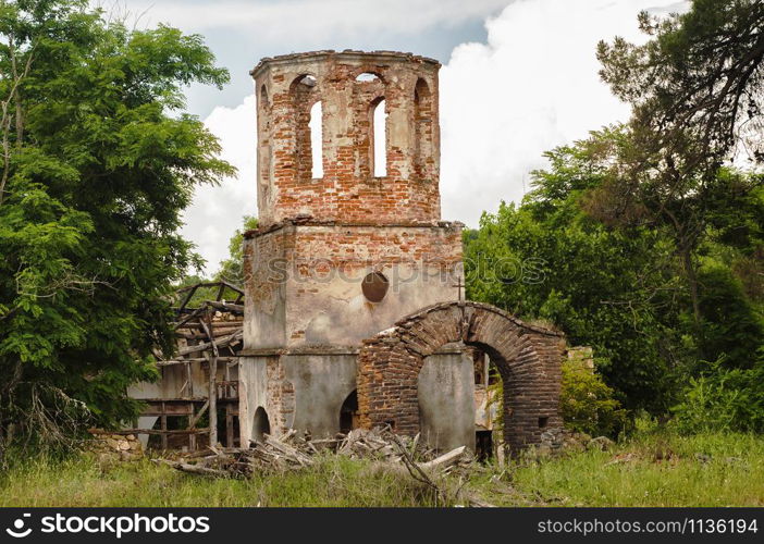 Ruined orthodox village church closeup in summer sunny day