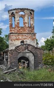 Ruined orthodox village church closeup in summer sunny day