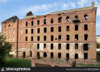 Ruined red brick mill in the center of Volgograd, Russia