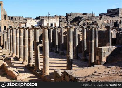 Ruins and basalt columns in Old Bosra, Syria