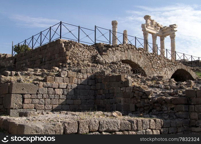 Ruins and part of Trajan temple in acropolis of Pergam, Turkey