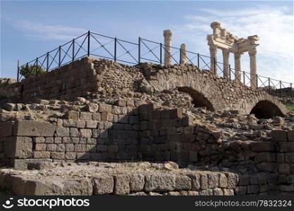 Ruins and part of Trajan temple in acropolis of Pergam, Turkey