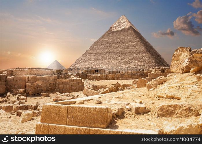 Ruins and the Pyramids, beautiful view of Giza, Egypt.. Ruins and the Pyramids, beautiful view of Giza, Egypt