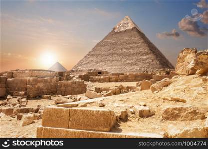 Ruins and the Pyramids, beautiful view of Giza, Egypt.. Ruins and the Pyramids, beautiful view of Giza, Egypt