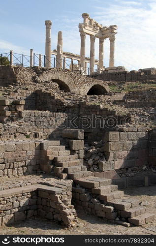 Ruins and Trajan temple in acropolis of Pergama, Turkey