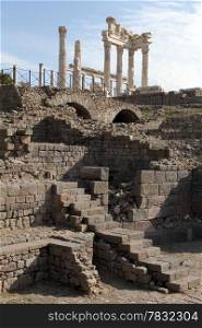 Ruins and Trajan temple in acropolis of Pergama, Turkey