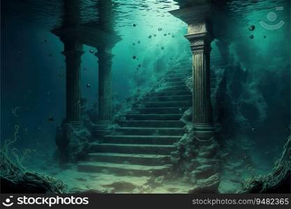 Ruins from ancient stone steps under water created by AI
