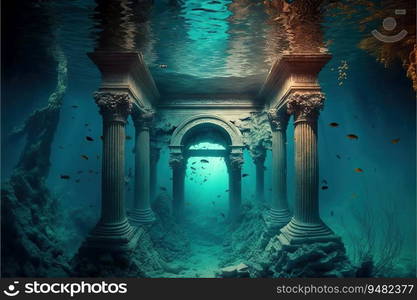 Ruins from ancient stone steps under water created by AI