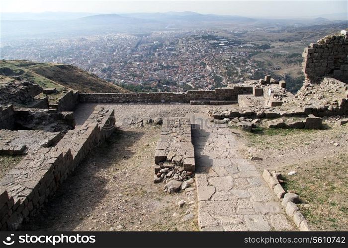 Ruins in Acropolis and view of Bergama, Turkey
