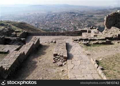 Ruins in Acropolis and view of Bergama, Turkey
