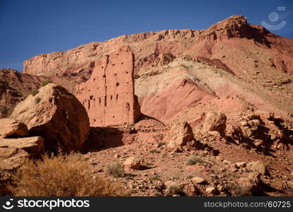 Ruins in the Atlas Mountains of Morocco. Ruins, Morocco, Africa. Atlas Mountains are famous for many ruins and historic kasbah.