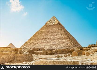 Ruins near pyramid of Chefren in Cairo, Egypt. Ruins and pyramid