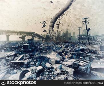 Ruins of a city and tornado. Disaster landscape.3d illustration concept