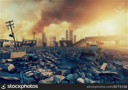 Ruins of a city. Apocalyptic landscape.3d illustration concept. Ruins of a city. Apocalyptic landscape.