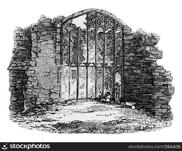 Ruins of a Gothic window of Savoy Palace, vintage engraved illustration. Colorful History of England, 1837.